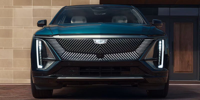 Front grille of the Cadillac LYRIQ with signature lighting design.